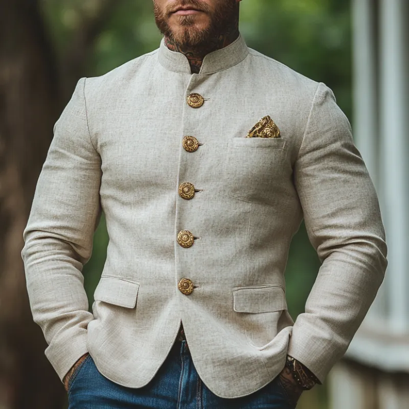 Men's Lightweight Casual Linen Blend Stand Collar Single Breasted Blazer 94058327F sold by Manly product image thumbnail 2