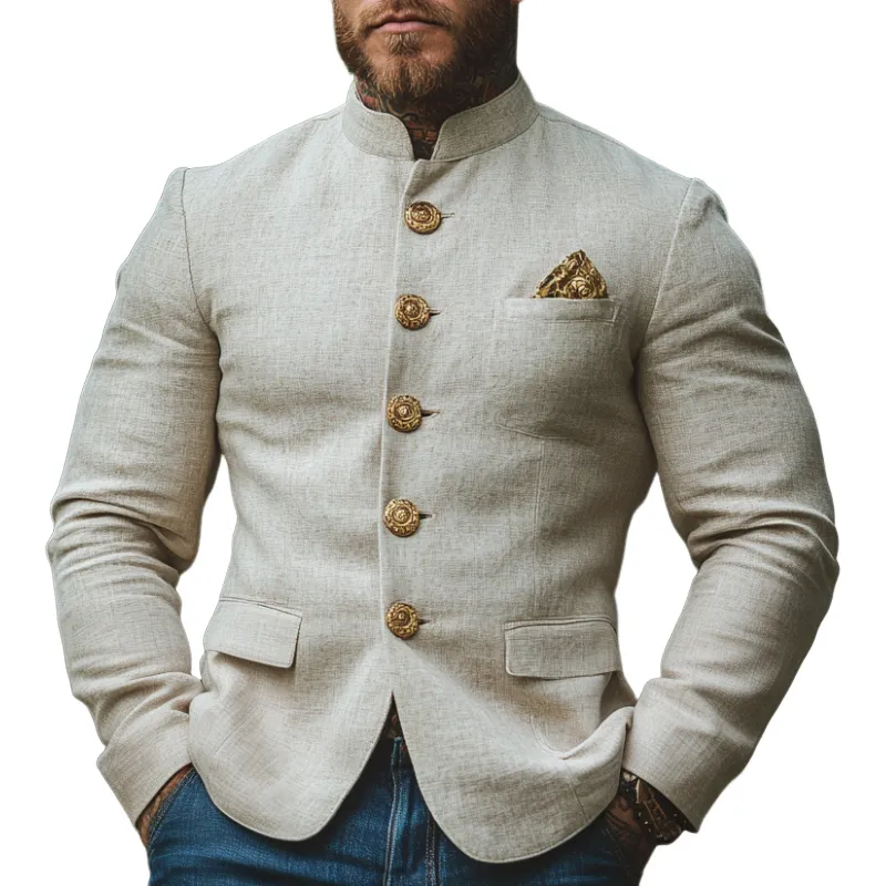 Men's Lightweight Casual Linen Blend Stand Collar Single Breasted Blazer 94058327F sold by Manly