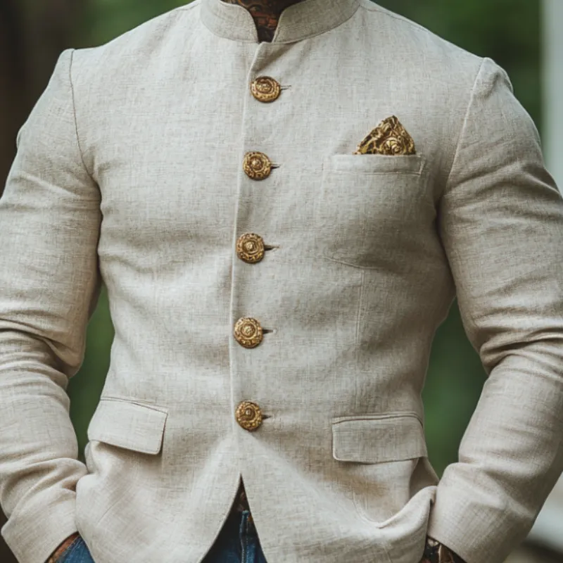 Men's Lightweight Casual Linen Blend Stand Collar Single Breasted Blazer 94058327F sold by Manly product image thumbnail 3