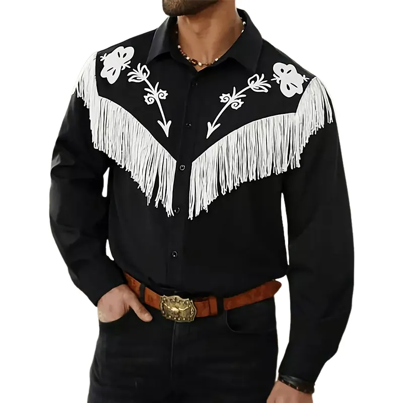 Men's Black Embroidered Tassel Long-sleeved Shirt 14320192U sold by Manly