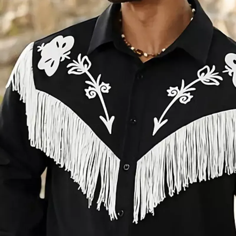 Men's Black Embroidered Tassel Long-sleeved Shirt 14320192U sold by Manly product image thumbnail 3