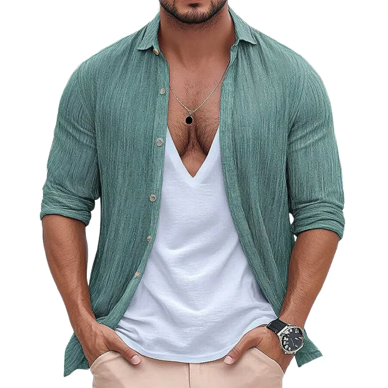 Men's Casual Skin-friendly Ice Silk Wrinkled Long-sleeved Shirt 68829494U sold by Manly