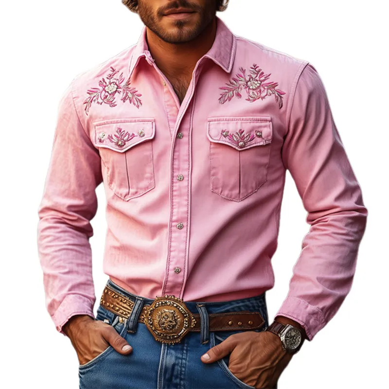【24-hour shipping out】Men's American Retro Western Style Cotton Blend Embroidered Long Sleeve Shirt 96546825K sold by Manly