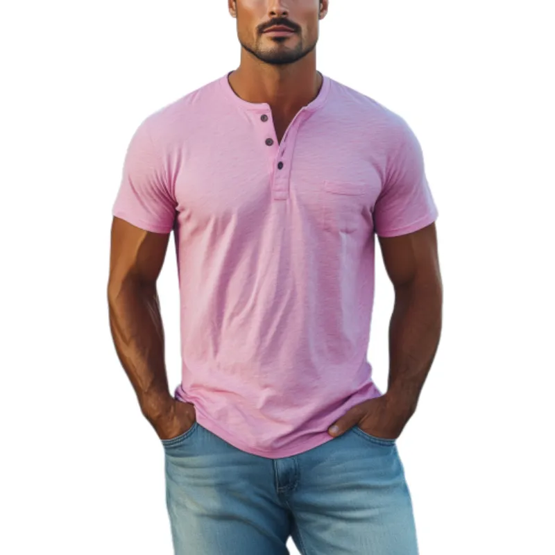 Men's Classic Casual Henley Collar Slub Cotton Short Sleeve T-Shirt 15503622K sold by Manly