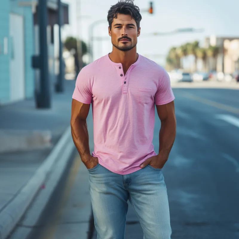 Men's Classic Casual Henley Collar Slub Cotton Short Sleeve T-Shirt 15503622K sold by Manly product image thumbnail 2