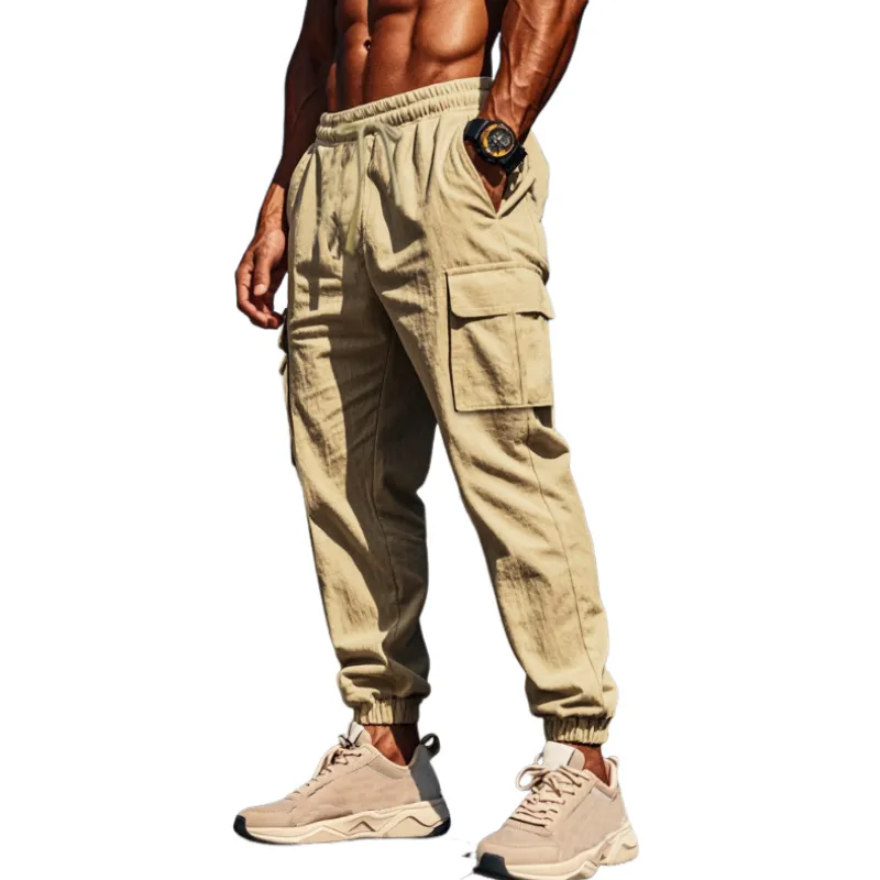 Men's Classic Casual Multi-Pocket Cotton and Linen Cargo Pants 31541550K sold by Manly