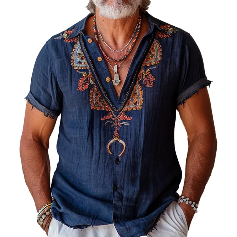 Men's Navy Printed Holiday Style Short Sleeve Shirt 03290107P sold by Manly