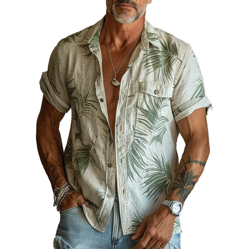 Men's off-white linen short-sleeved shirt with palm leaf print 94722278P sold by Manly