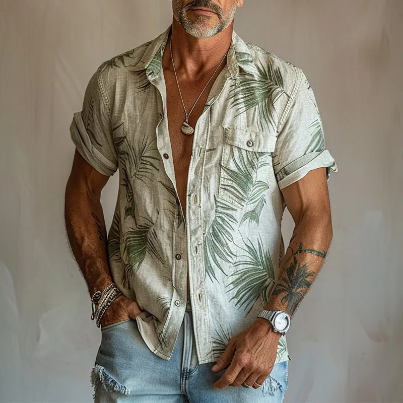 Men's off-white linen short-sleeved shirt with palm leaf print 94722278P sold by Manly product image thumbnail 2