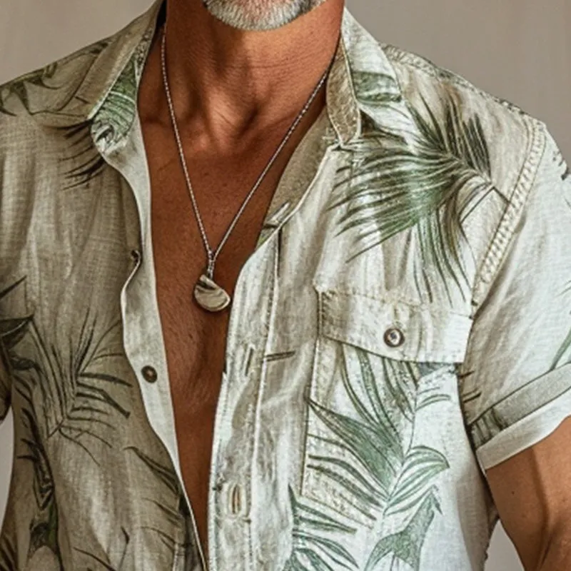 Men's off-white linen short-sleeved shirt with palm leaf print 94722278P sold by Manly product image thumbnail 3