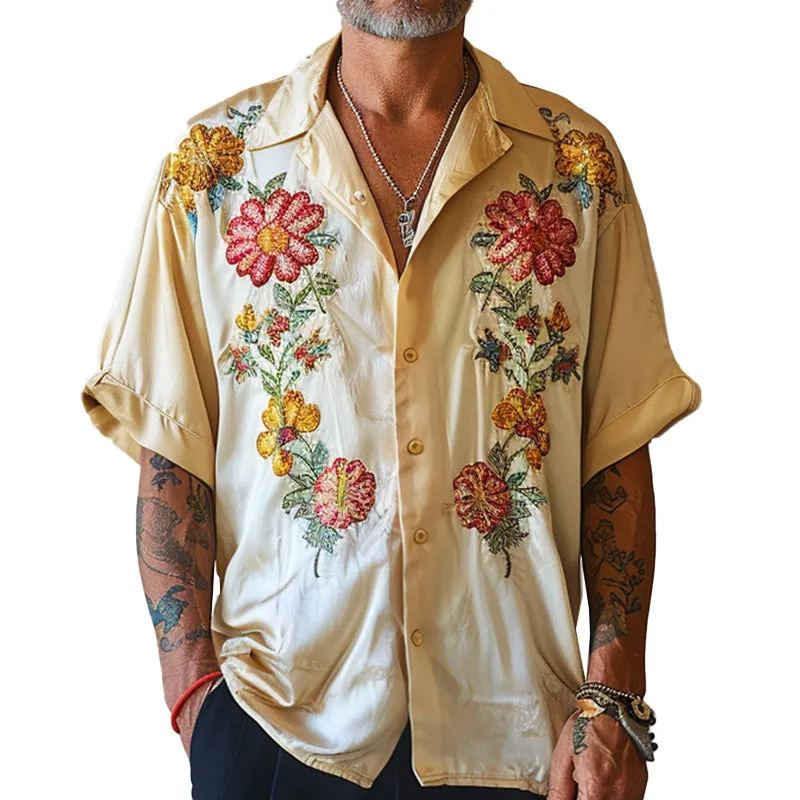 Men's Fashion Suit Collar Tencel Embroidery Short Sleeve Shirt 00400652P sold by Manly