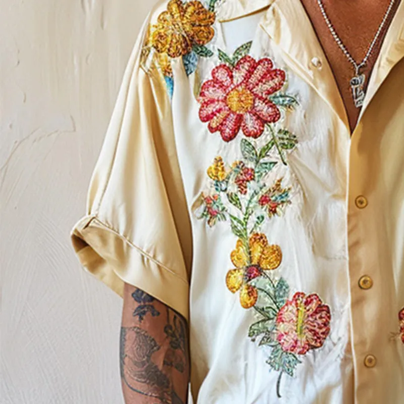 Men's Fashion Suit Collar Tencel Embroidery Short Sleeve Shirt 00400652P sold by Manly product image thumbnail 3