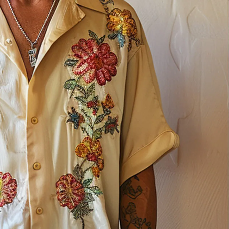 Men's Fashion Suit Collar Tencel Embroidery Short Sleeve Shirt 00400652P sold by Manly product image thumbnail 4
