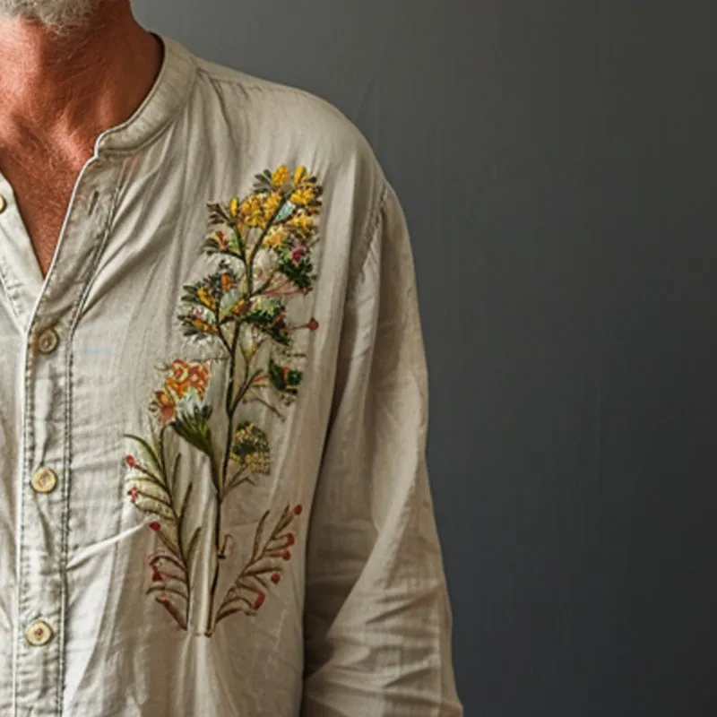 Men's floral embroidered round neck long sleeve shirt 40790397P sold by Manly product image thumbnail 3
