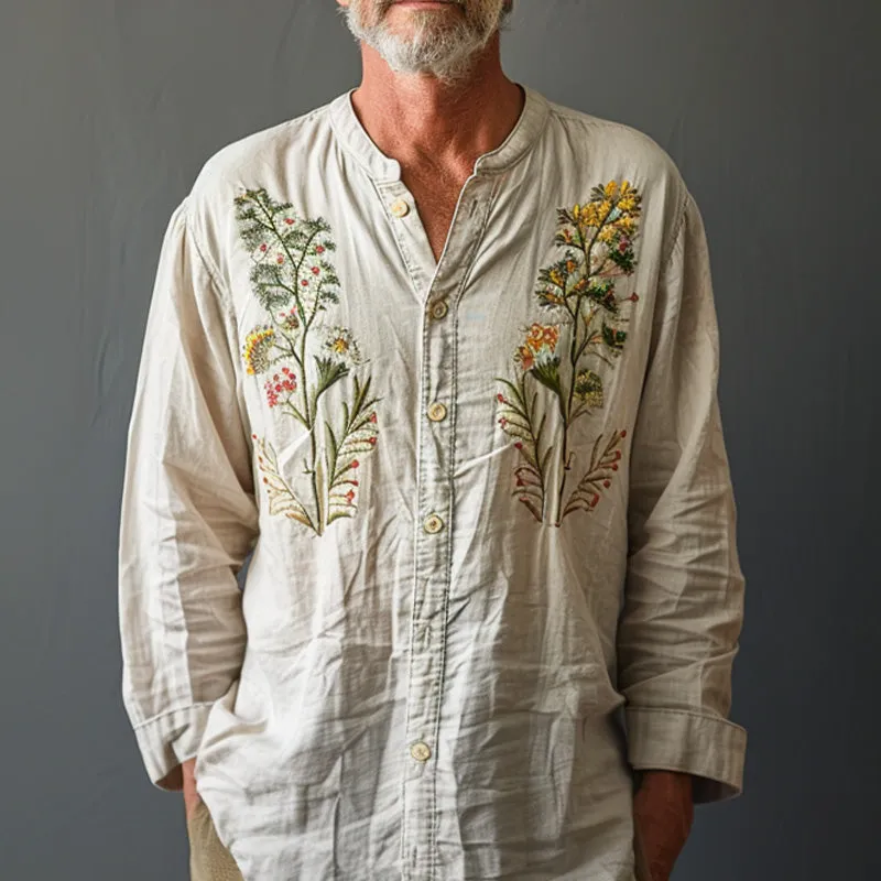 Men's floral embroidered round neck long sleeve shirt 40790397P sold by Manly product image thumbnail 2