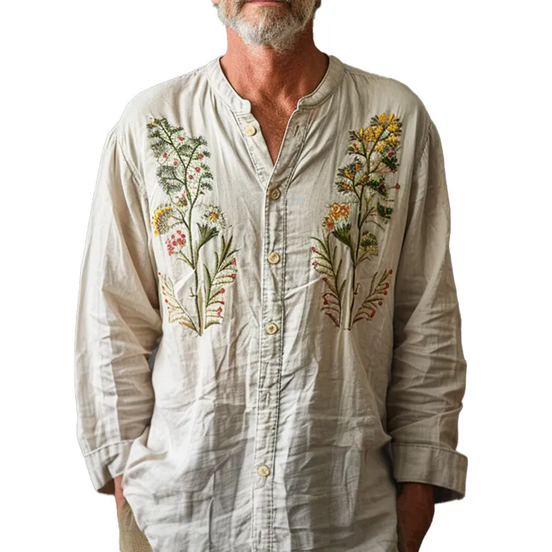 Men's floral embroidered round neck long sleeve shirt 40790397P sold by Manly
