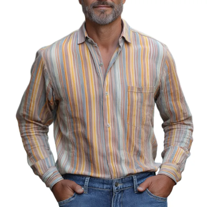 Men's Casual Vintage Lapel Vertical Striped Cotton Blend Long Sleeve Shirt 70799509F sold by Manly