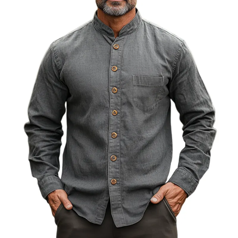 Men's Casual Vintage American Western Style Stand-up Collar Single-breasted Cotton Blend Washed Long-sleeved Shirt 60226351F sold by Manly