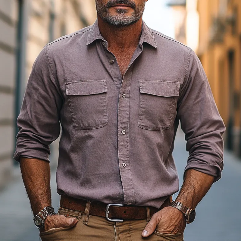 Men's Casual Vintage American Western Style Lapel Cotton Blend Long Sleeve Shirt 38479918F sold by Manly product image thumbnail 3