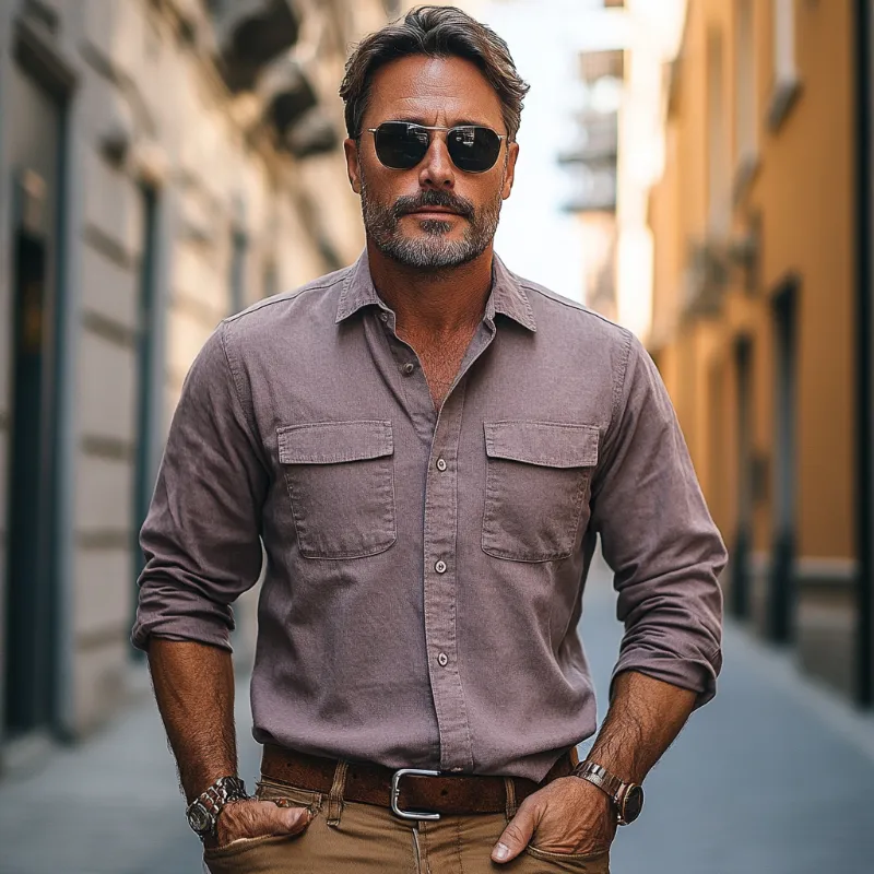 Men's Casual Vintage American Western Style Lapel Cotton Blend Long Sleeve Shirt 38479918F sold by Manly product image thumbnail 2