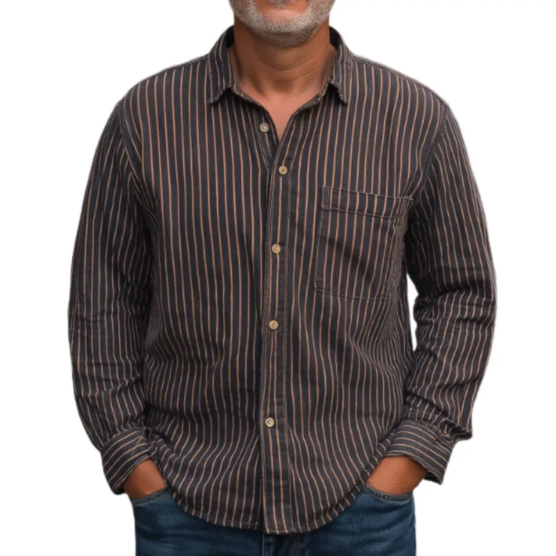 Men's Casual Vintage Lapel Vertical Striped Cotton Blend Long Sleeve Shirt 96074333F sold by Manly