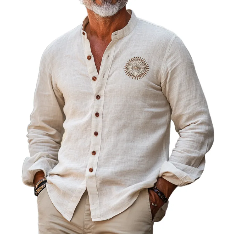 Men's Casual Vintage Embroidered Stand-up Collar Single-breasted Cotton Blend Long-sleeved Shirt 43703520F sold by Manly