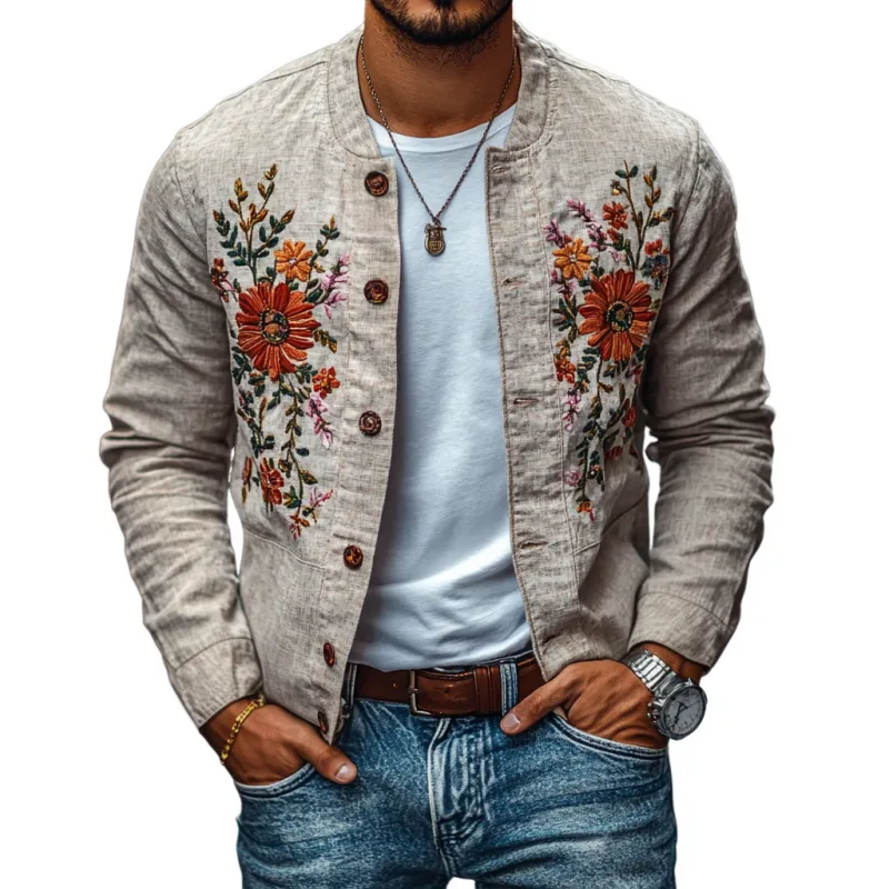 Men's Casual Linen Embroidered Stand Collar Single Breasted Jacket 19388004M sold by Manly