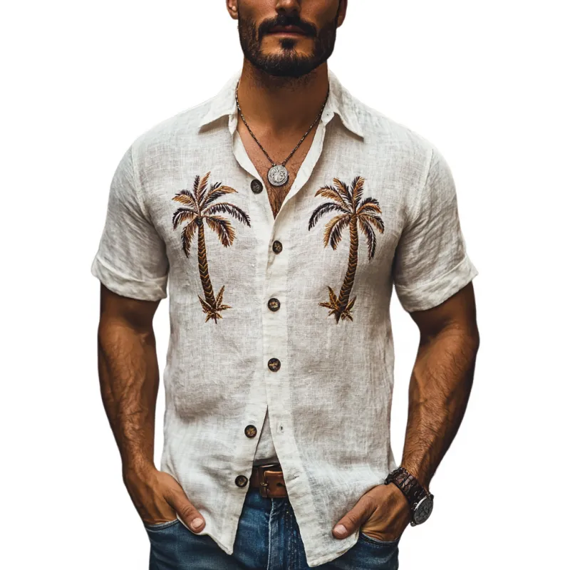 Men's Casual Coconut Tree Embroidery Linen Lapel Slim Fit Short Sleeve Shirt 48957786M sold by Manly