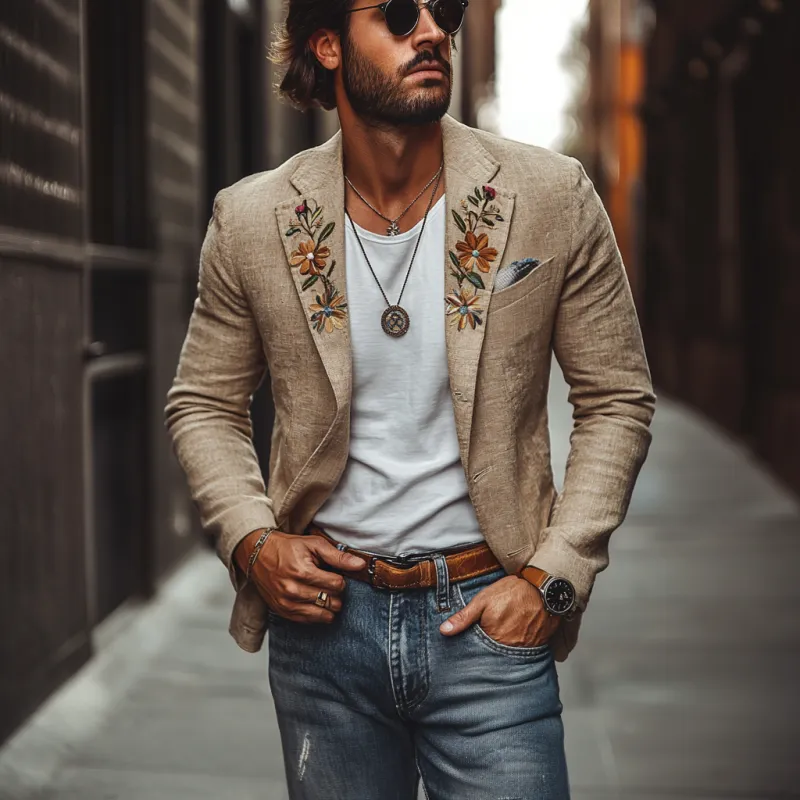 Men's Casual Linen Notch Lapel Embroidered Slim Fit Single-breasted Blazer 50636954M sold by Manly product image thumbnail 3