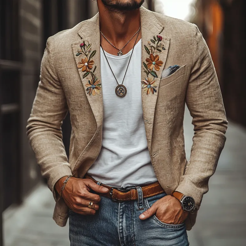 Men's Casual Linen Notch Lapel Embroidered Slim Fit Single-breasted Blazer 50636954M sold by Manly product image thumbnail 2