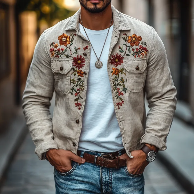 Men's Casual Linen Embroidered Lapel Chest Pocket Slim Fit Shirt Jacket 66371531M sold by Manly product image thumbnail 2