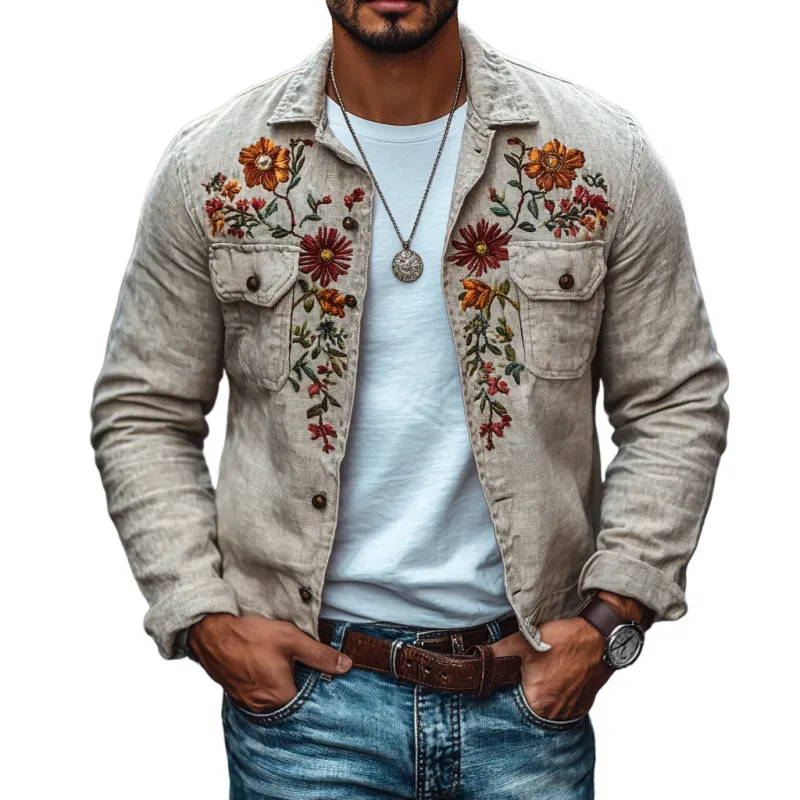 Men's Casual Linen Embroidered Lapel Chest Pocket Slim Fit Shirt Jacket 66371531M sold by Manly
