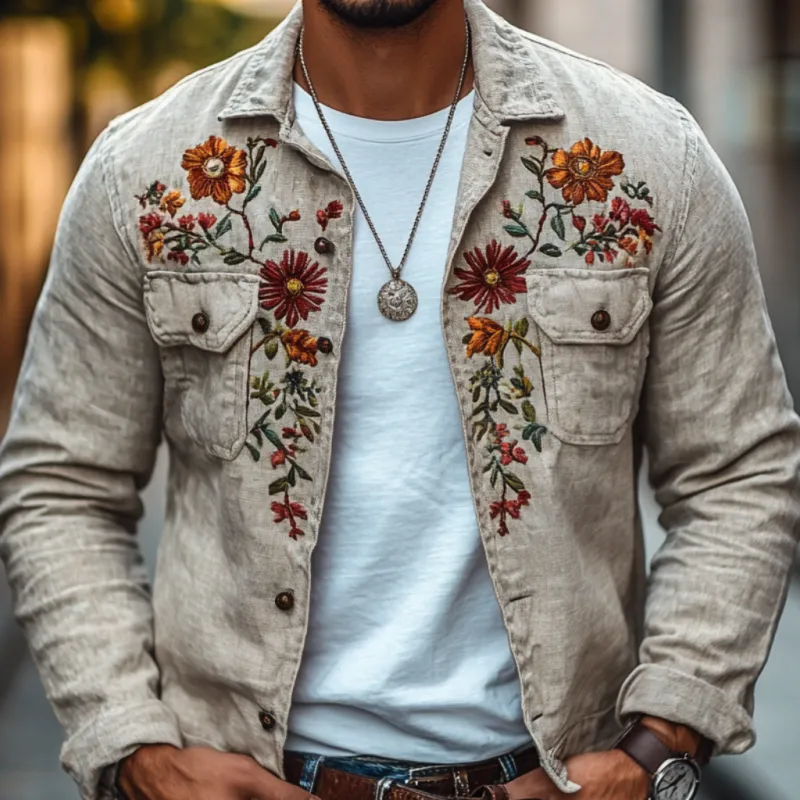 Men's Casual Linen Embroidered Lapel Chest Pocket Slim Fit Shirt Jacket 66371531M sold by Manly product image thumbnail 3