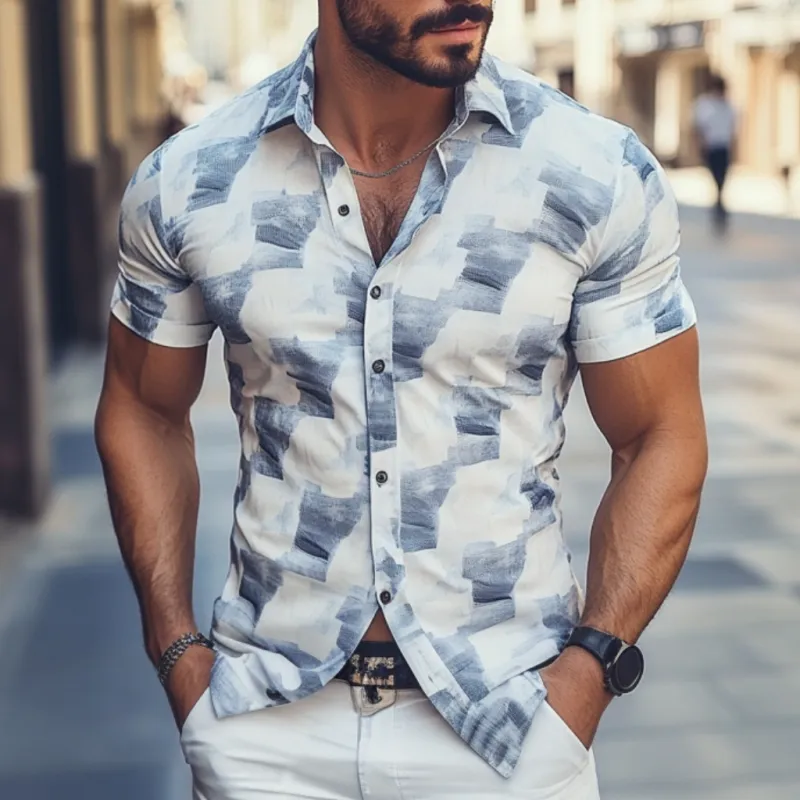 Men's Casual Geometric Print Lapel Slim Fit Short Sleeve Shirt 27912863M sold by Manly product image thumbnail 2