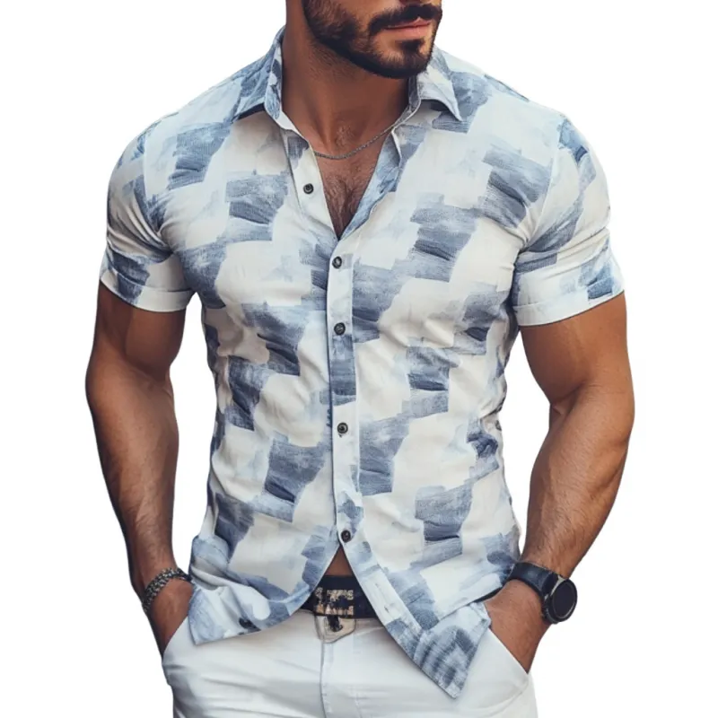 Men's Casual Geometric Print Lapel Slim Fit Short Sleeve Shirt 27912863M sold by Manly