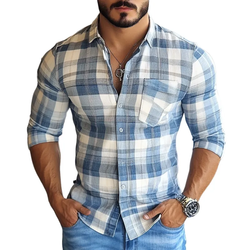 Men's Casual Plaid Print Lapel Slim Fit Patch Pocket Long Sleeve Shirt 55407316M sold by Manly