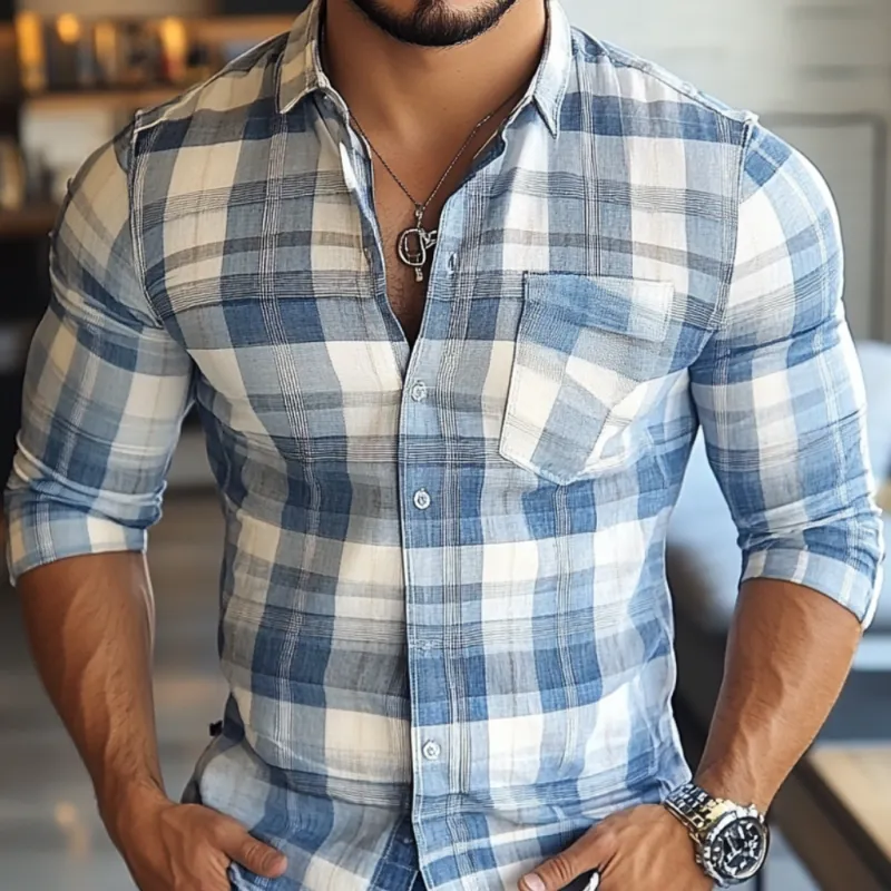 Men's Casual Plaid Print Lapel Slim Fit Patch Pocket Long Sleeve Shirt 55407316M sold by Manly product image thumbnail 3