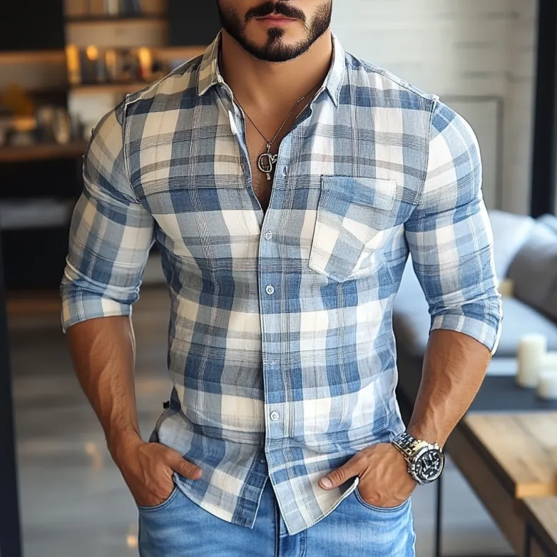 Men's Casual Plaid Print Lapel Slim Fit Patch Pocket Long Sleeve Shirt 55407316M sold by Manly product image thumbnail 2