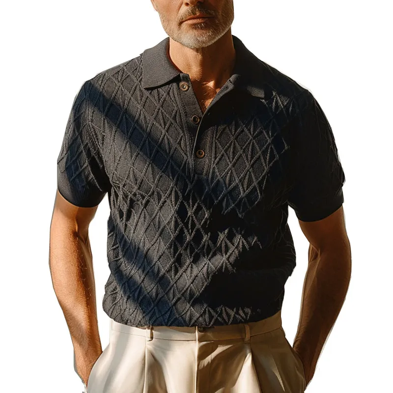 Men's knitted diamond pattern short-sleeved polo shirt 78627680P sold by Manly