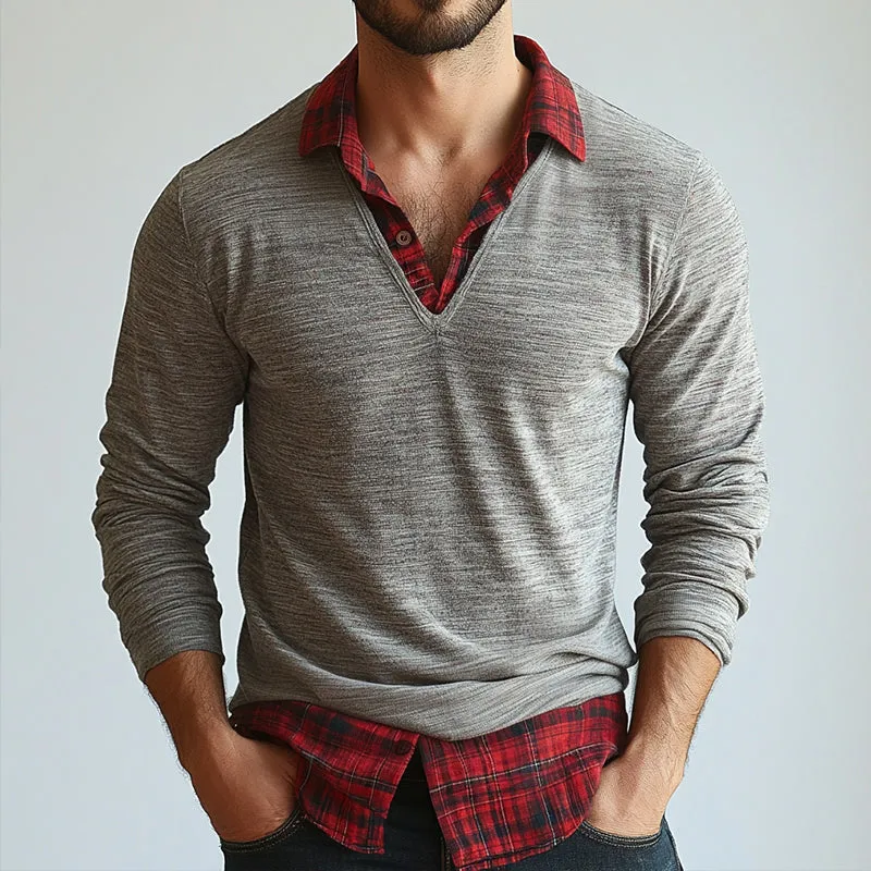 Men's Retro Casual Plaid Splicing Fake Two-piece Lapel Long Sleeve T-shirt 47098379TO sold by Manly product image thumbnail 2