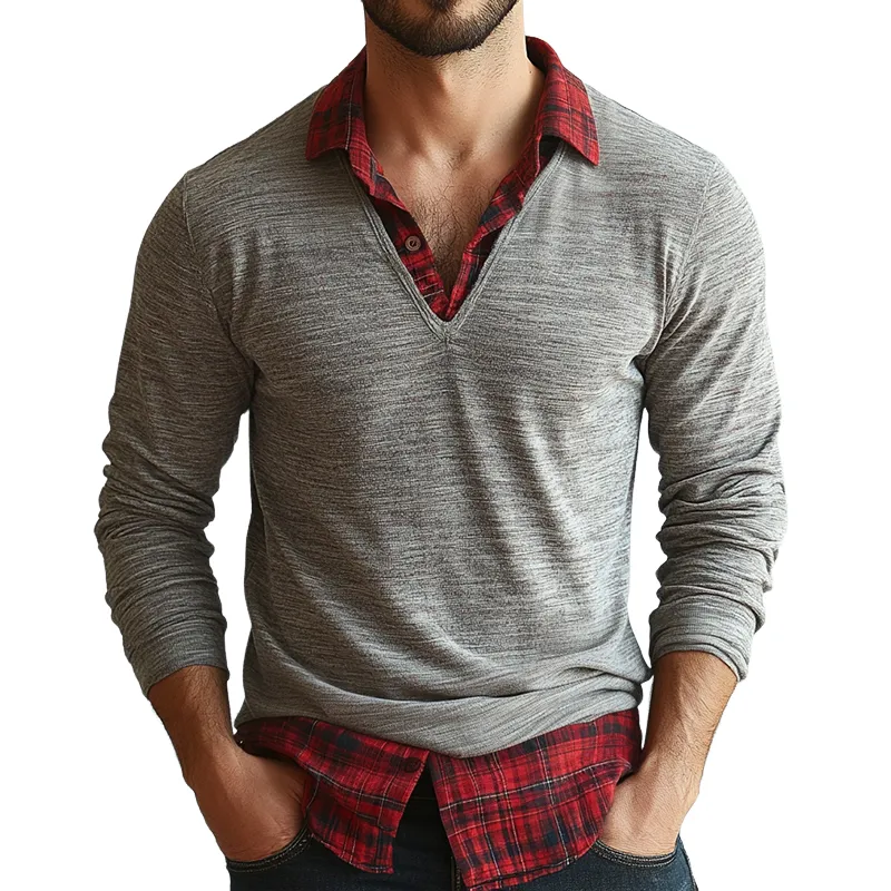 Men's Retro Casual Plaid Splicing Fake Two-piece Lapel Long Sleeve T-shirt 47098379TO sold by Manly