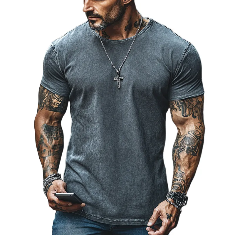 Men's Retro Casual Distressed Washed Cotton Round Neck Short Sleeve T-Shirt 73028430TO sold by Manly