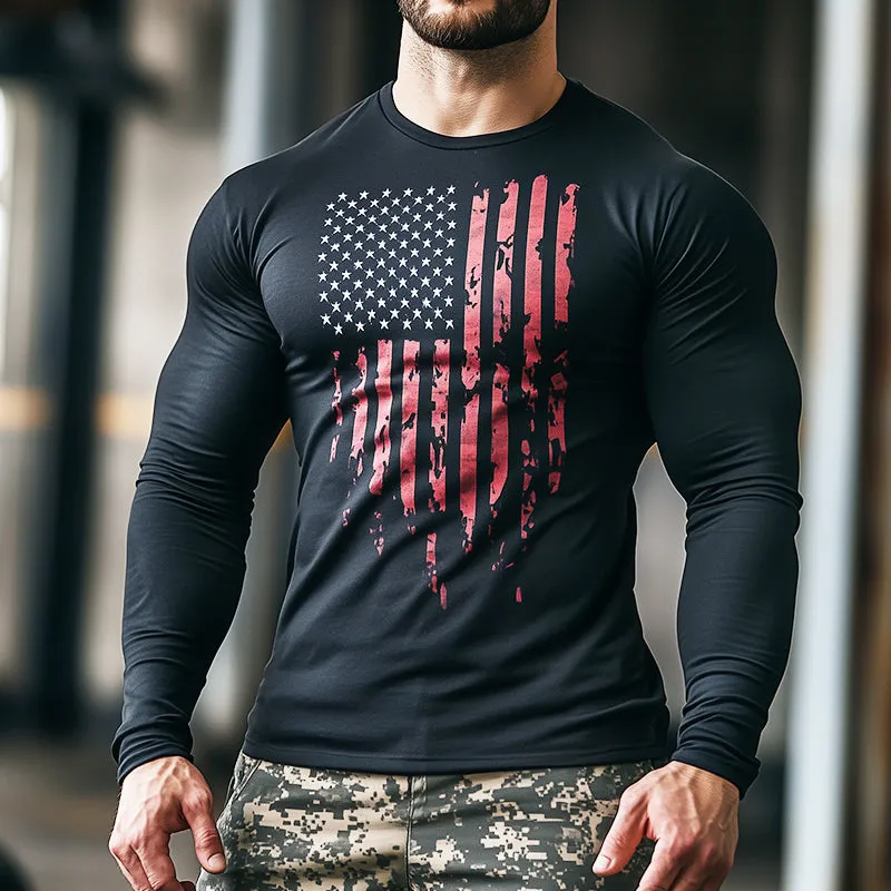 Men's Vintage Casual American Flag Printed Crew Neck Long Sleeve T-Shirt 37774023TO sold by Manly product image thumbnail 2