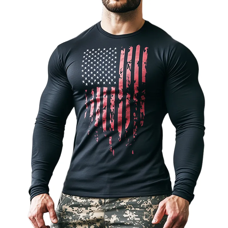 Men's Vintage Casual American Flag Printed Crew Neck Long Sleeve T-Shirt 37774023TO sold by Manly