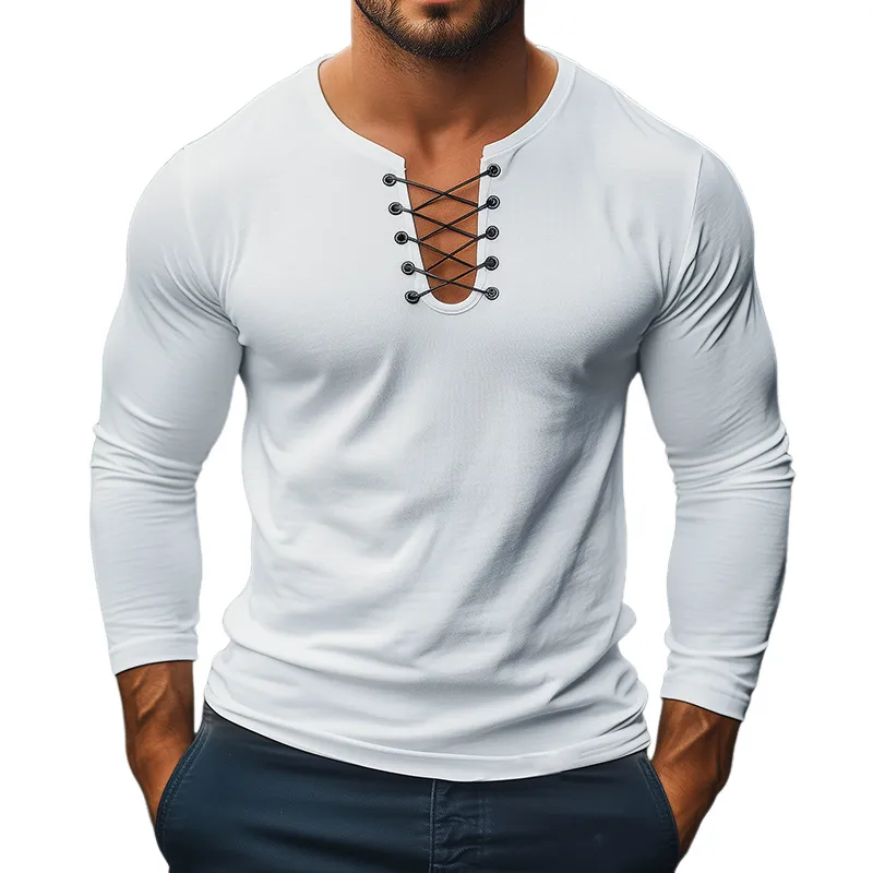 Men's Retro Casual Solid Color Tie U-neck Long-sleeved T-shirt 22226986TO sold by Manly