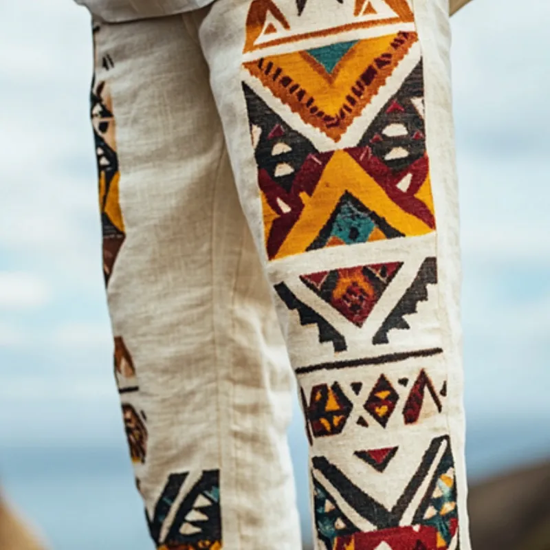 Men's Retro Casual Geometric Print Linen Straight Pants 36105759TO sold by Manly product image thumbnail 3