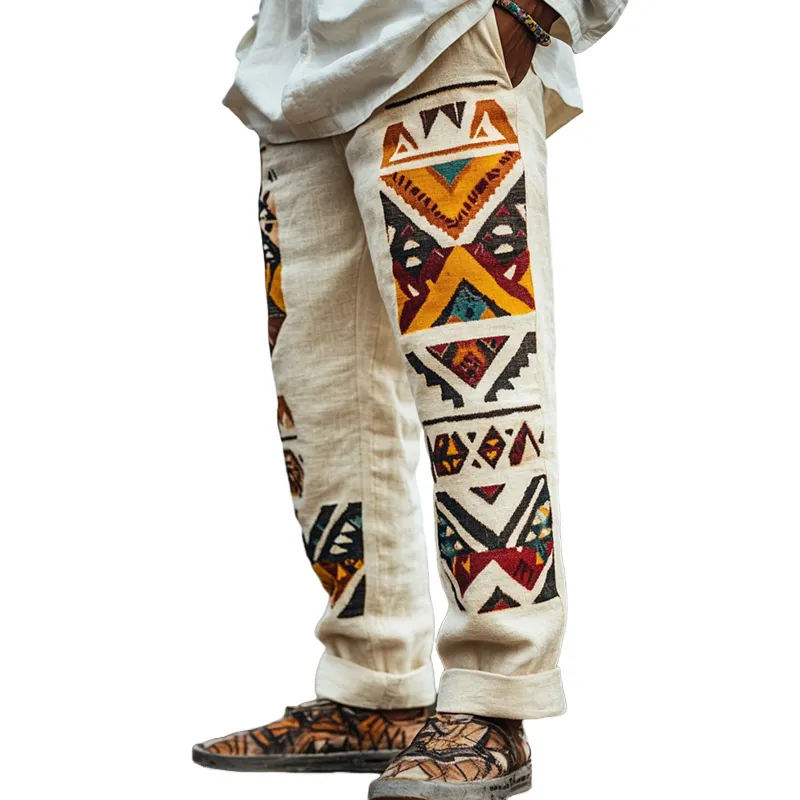 Men's Retro Casual Geometric Print Linen Straight Pants 36105759TO sold by Manly