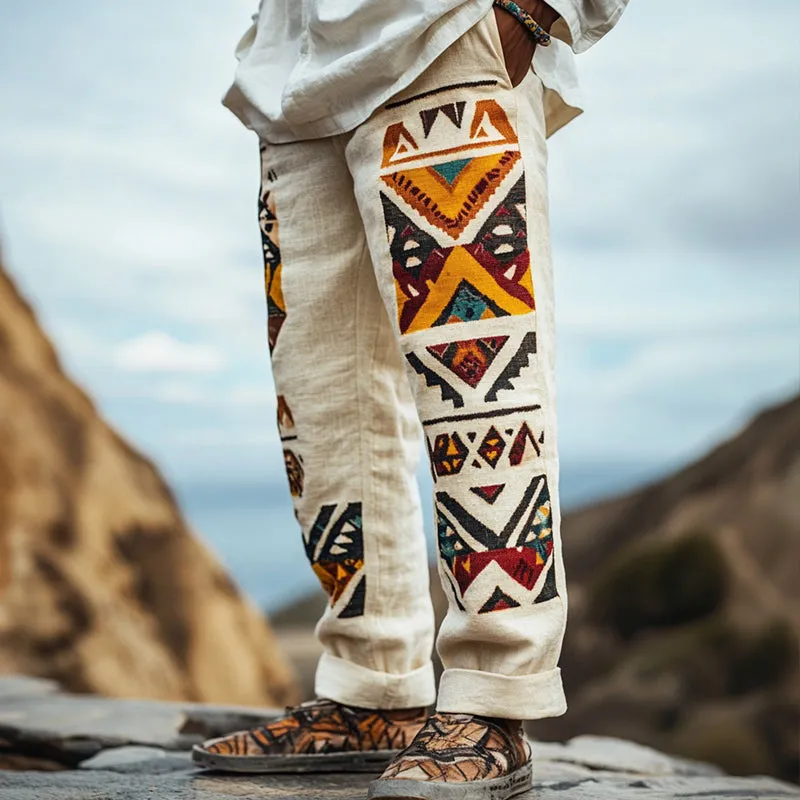Men's Retro Casual Geometric Print Linen Straight Pants 36105759TO sold by Manly product image thumbnail 2