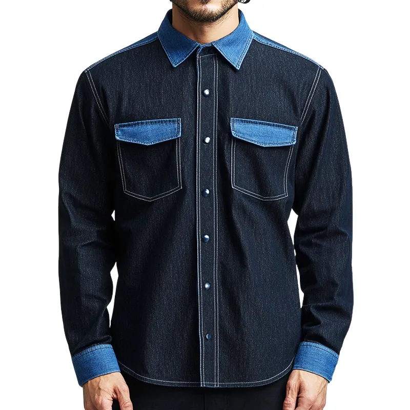 Men's Retro Casual Denim Colorblock Lapel Pocket Long Sleeve Shirt 84720665TO sold by Manly