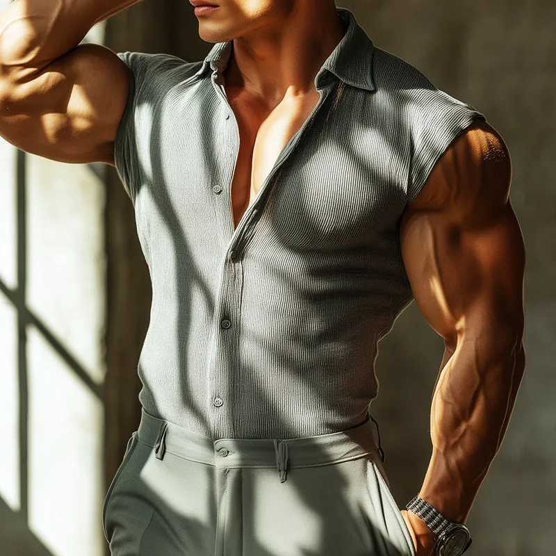 Men's Retro Casual Striped Slim Lapel Sleeveless Shirt 04498037TO sold by Manly product image thumbnail 2